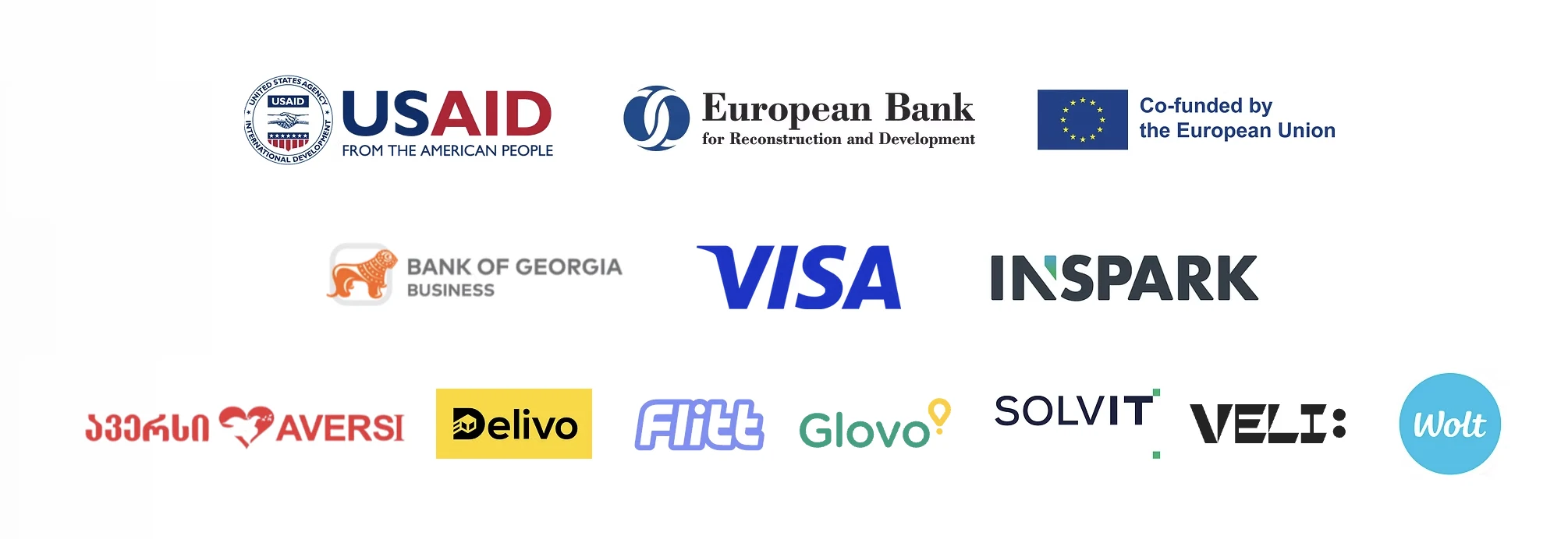 Partners and sponsors 2024: USAID, European Bank for Reconstruction and Development, Co-funded by the European Union, Bank of Georgia Business, Visa, Inspark, Aversi, Delivo, Flitt, Glovo, SOLVIT, Veli, Wolt