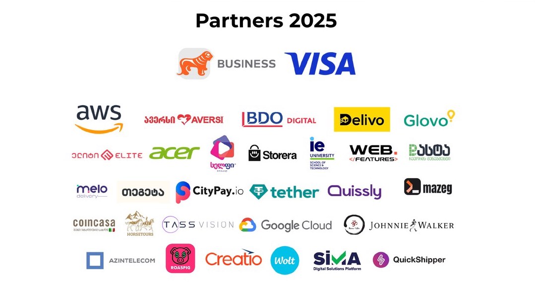 Partners 2025: Bank of Georgia Business, Visa, AWS, Aversi, BDO Digital, Delivo, Glovo, Elite, Acer, Storera, IE University, Web Features, Melo, CityPay.io, Tether, Quissly, Mazeg, Coincasa, Horsetours, Tass Vision, Google Cloud, Johnnie Walker, Azintelecom, Roaspig, Creatio, Wolt, SIMA, QuickShipper